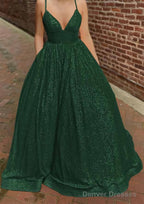 A-line V Neck Sleeveless Sweep Train Sequined Prom Dresses with Pockets