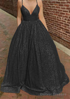 A-line V Neck Sleeveless Sweep Train Sequined Prom Dresses with Pockets