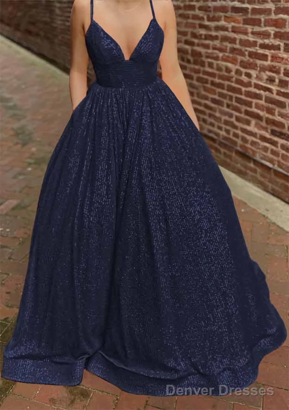 A-line V Neck Sleeveless Sweep Train Sequined Prom Dresses with Pockets Secondary image