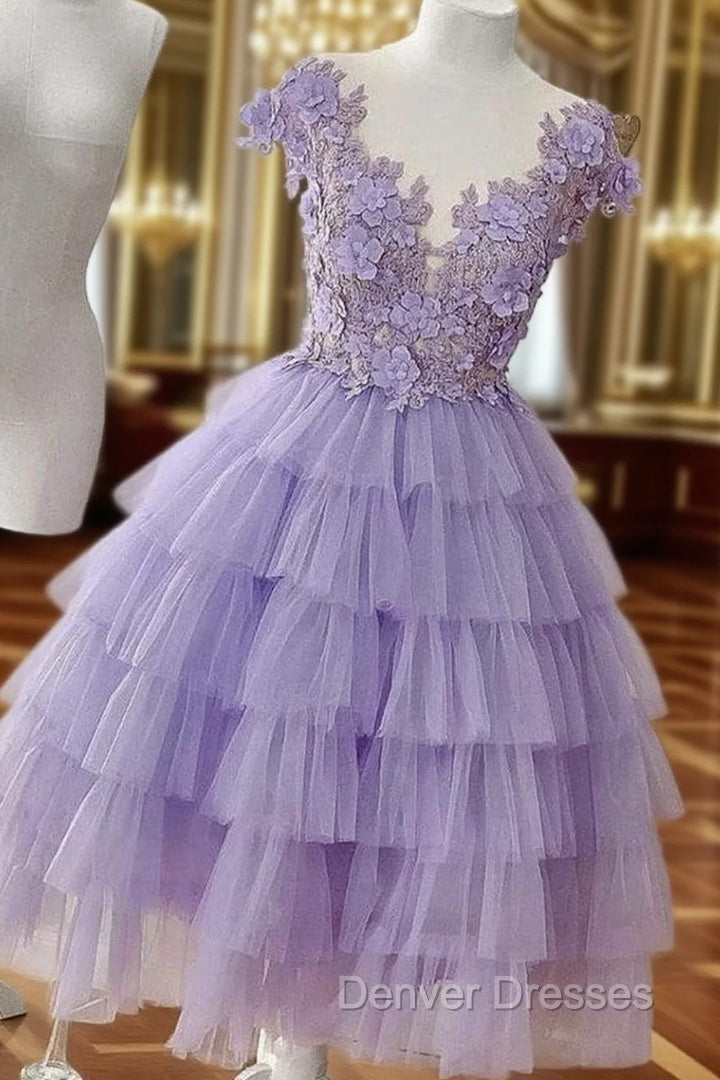 A-line V Neck Sleeveless Tulle Short/Mini Homecoming Dress With Appliqued Main image
