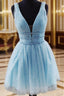 A-line V Neck Sleeveless Tulle Short/Mini Homecoming Dress With Beading Glitter