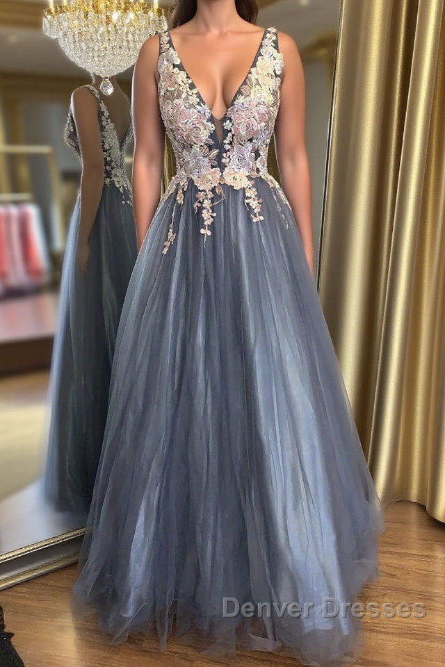 A Line V Neck Smoke Blue Long Prom Dress with Lace Appliques, Floral Smoke Blue Formal Graduation Evening Dress Main image