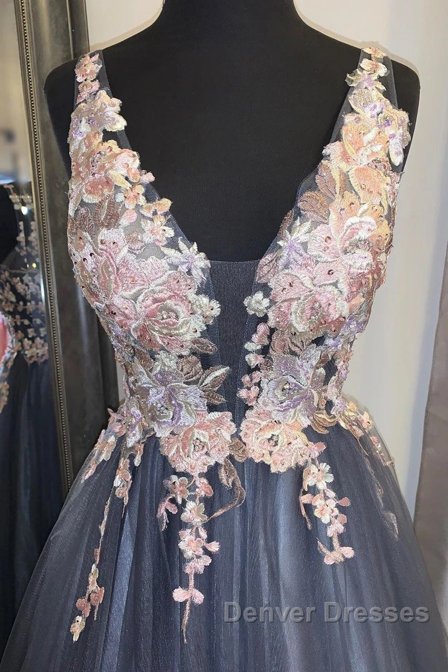 A Line V Neck Smoke Blue Long Prom Dress with Lace Appliques, Floral Smoke Blue Formal Graduation Evening Dress Secondary image