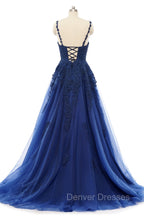 A-line V-neck Spaghetti strap Floor-length Sleeveless Backless Appliques Lace Elegant Prom Dress