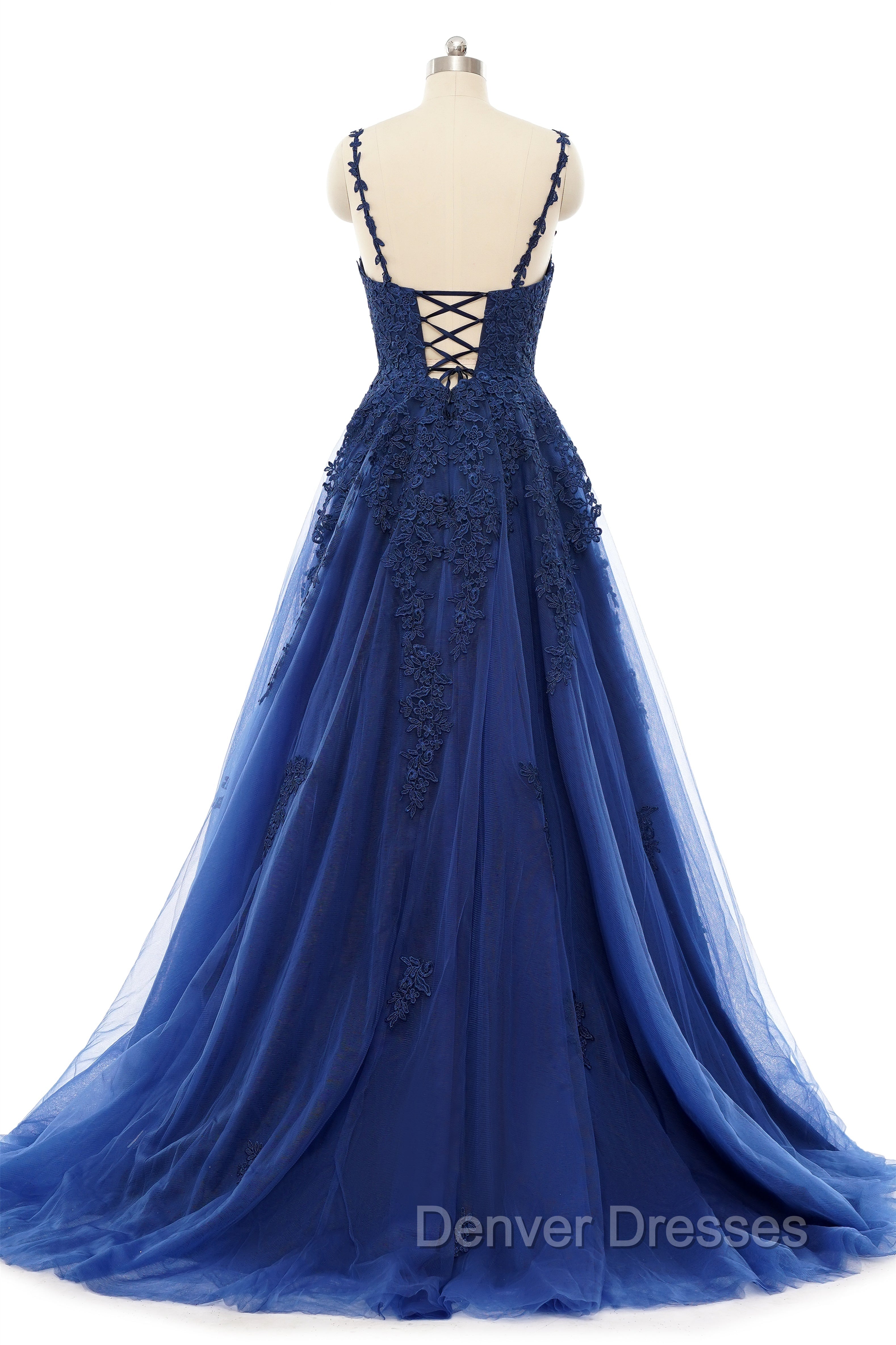 A-line V-neck Spaghetti strap Floor-length Sleeveless Backless Appliques Lace Elegant Prom Dress