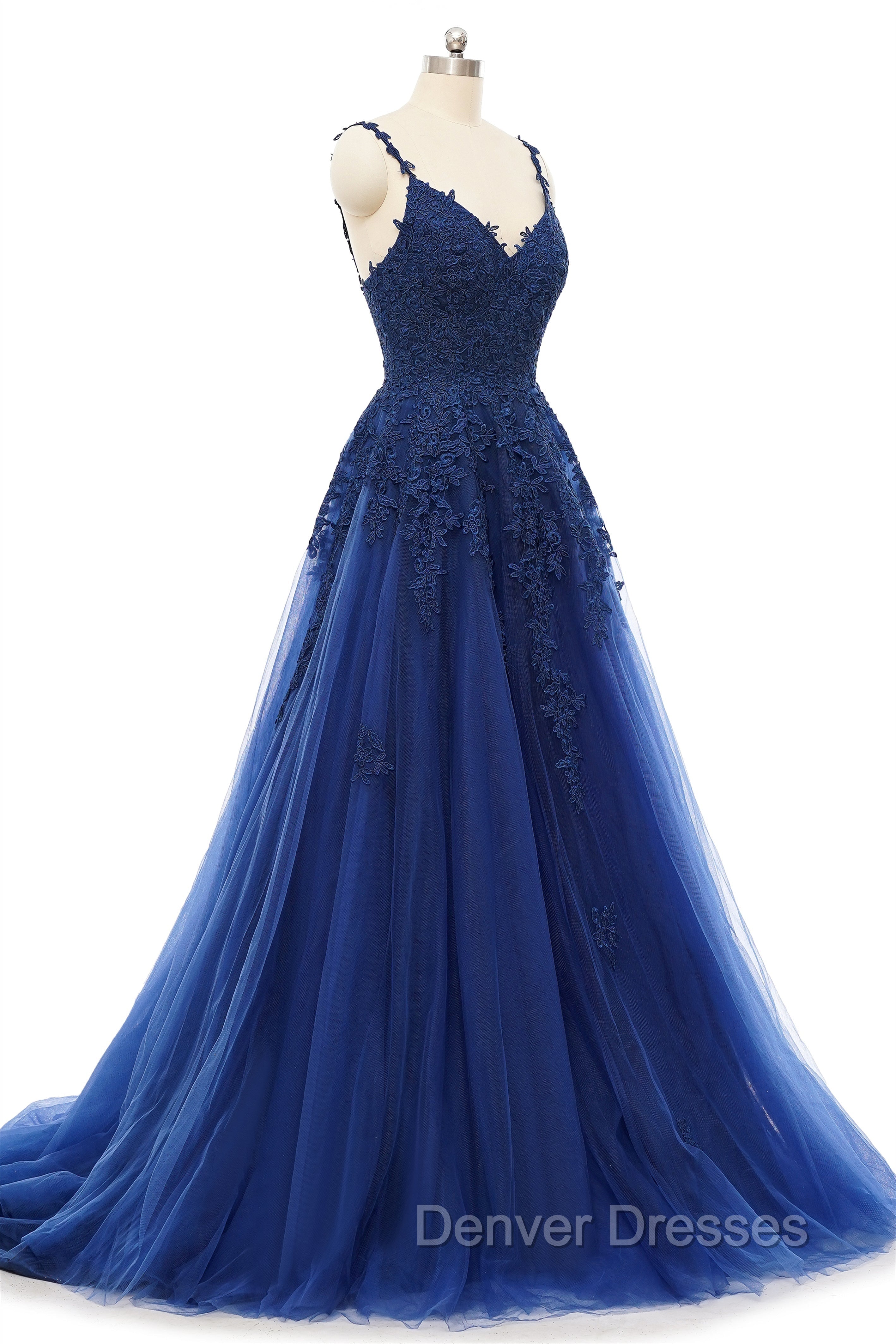 A-line V-neck Spaghetti strap Floor-length Sleeveless Backless Appliques Lace Elegant Prom Dress