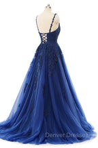 A-line V-neck Spaghetti strap Floor-length Sleeveless Backless Appliques Lace Elegant Prom Dress