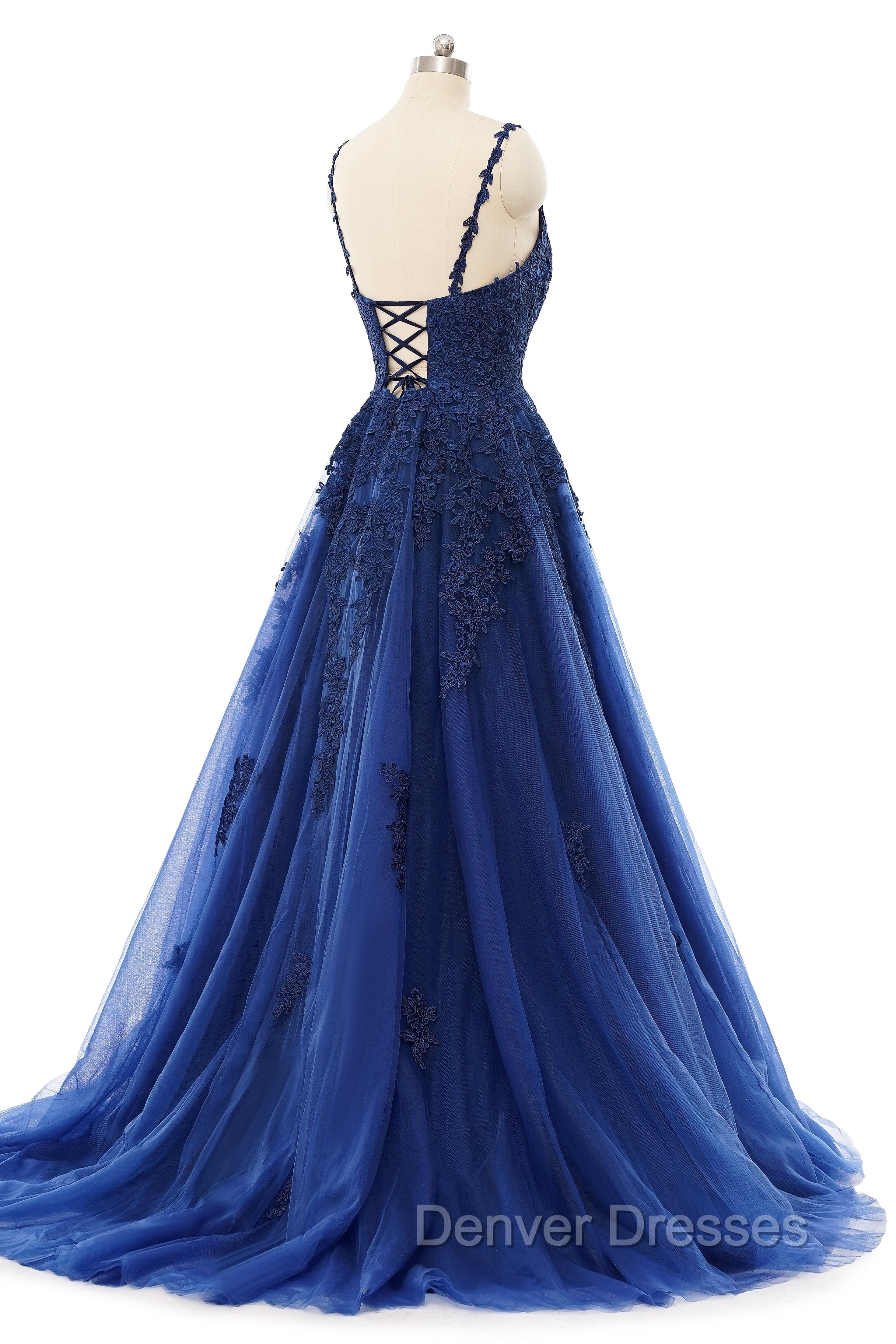 A-line V-neck Spaghetti strap Floor-length Sleeveless Backless Appliques Lace Elegant Prom Dress