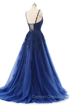 A-line V-neck Spaghetti strap Floor-length Sleeveless Backless Appliques Lace Elegant Prom Dress