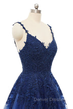 A-line V-neck Spaghetti strap Floor-length Sleeveless Backless Appliques Lace Elegant Prom Dress