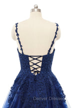 A-line V-neck Spaghetti strap Floor-length Sleeveless Backless Appliques Lace Elegant Prom Dress