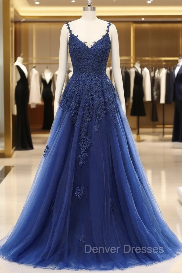 A-line V-neck Spaghetti strap Floor-length Sleeveless Backless Appliques Lace Elegant Prom Dress Main image