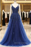 A-line V-neck Spaghetti strap Floor-length Sleeveless Backless Appliques Lace Elegant Prom Dress