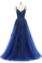 A-line V-neck Spaghetti strap Floor-length Sleeveless Backless Appliques Lace Elegant Prom Dress