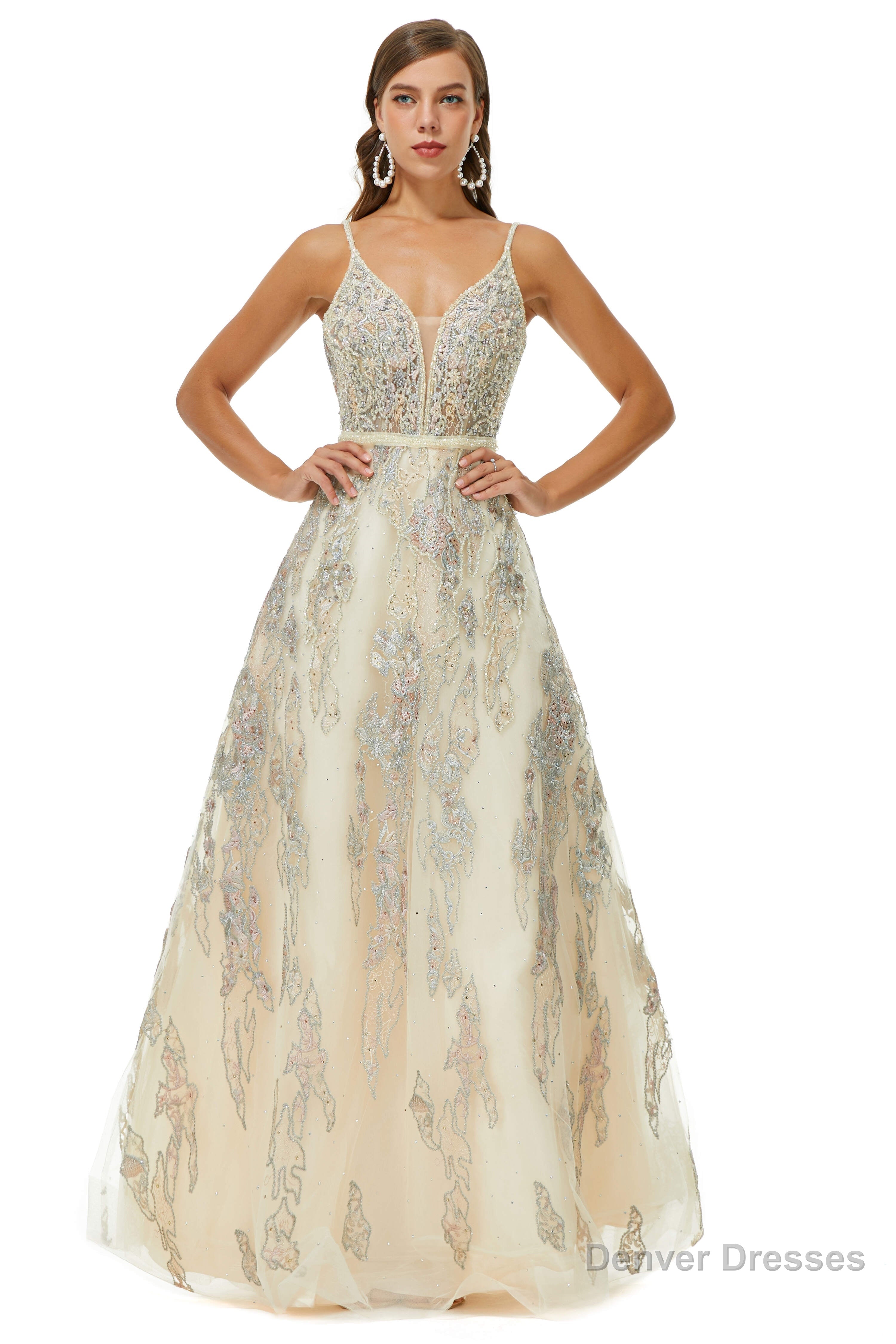 A-line V-neck Spaghetti strap Lace Floor-length Sleeveless Beading Prom Dresses Main image