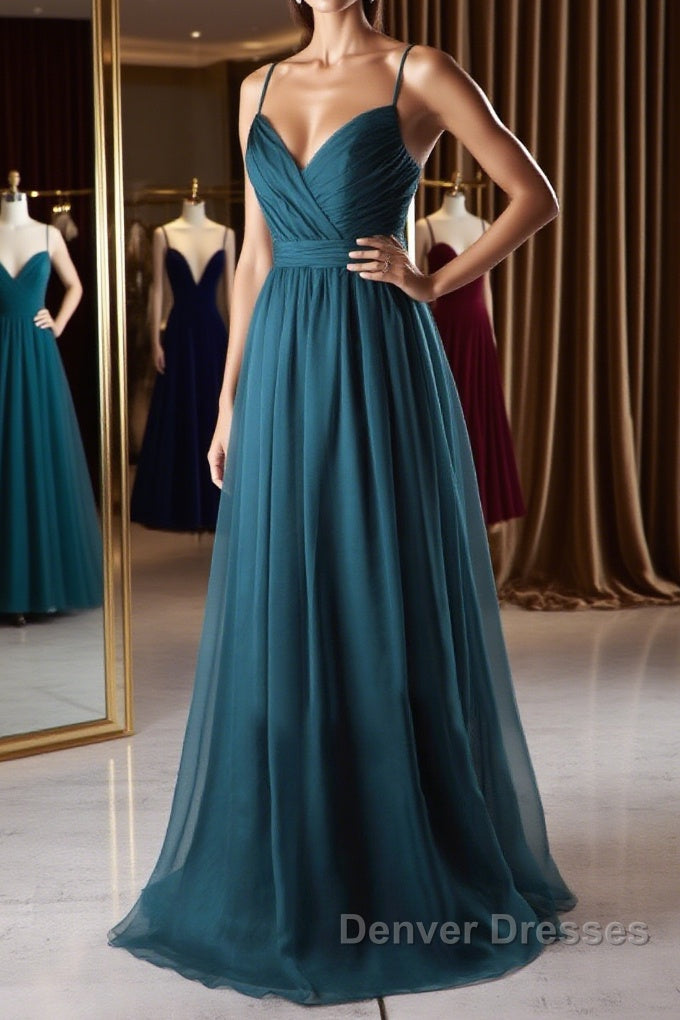 A Line V Neck Spaghetti Strap Peacock Blue Chiffon Long Prom Dress, V Neck Peacock Blue Formal Dress Graudation Evening Dress, Peacock Blue Bridesmaid Dress Main image