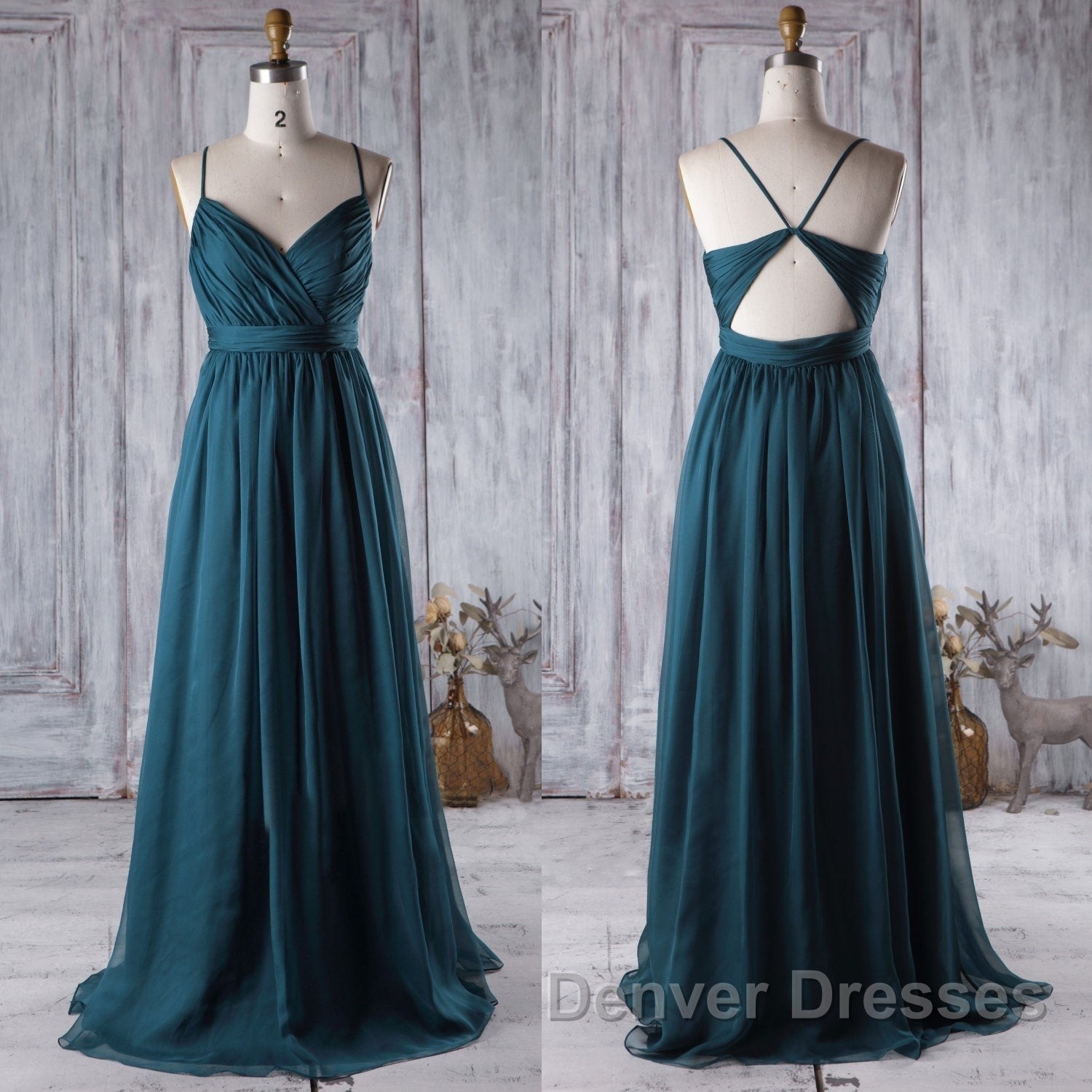 A Line V Neck Spaghetti Strap Peacock Blue Chiffon Long Prom Dress, V Neck Peacock Blue Formal Dress Graudation Evening Dress, Peacock Blue Bridesmaid Dress Secondary image
