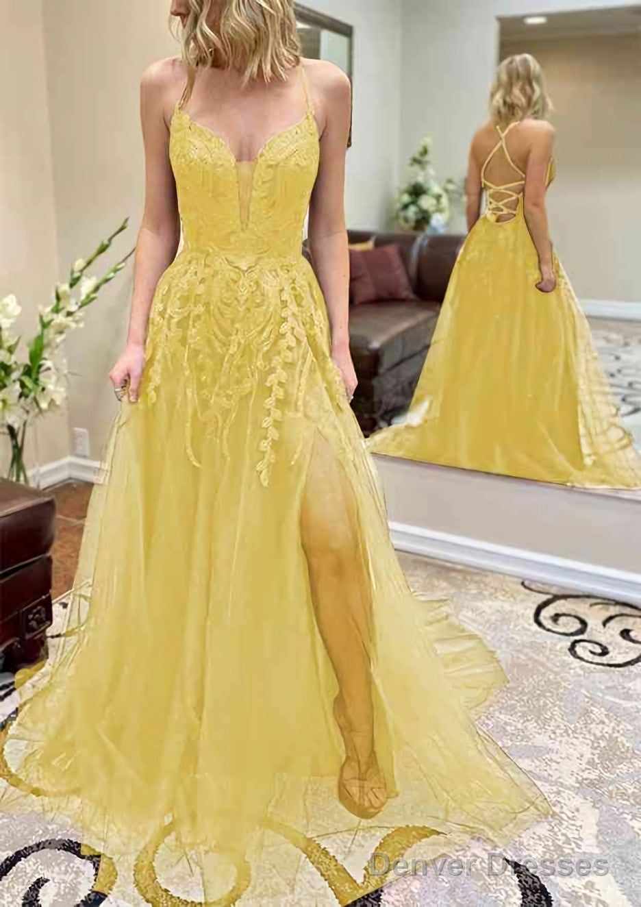 A-line V Neck Spaghetti Straps Chapel Train Tulle Prom Dresses With Split Appliqued