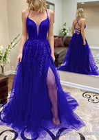 A-line V Neck Spaghetti Straps Chapel Train Tulle Prom Dresses With Split Appliqued