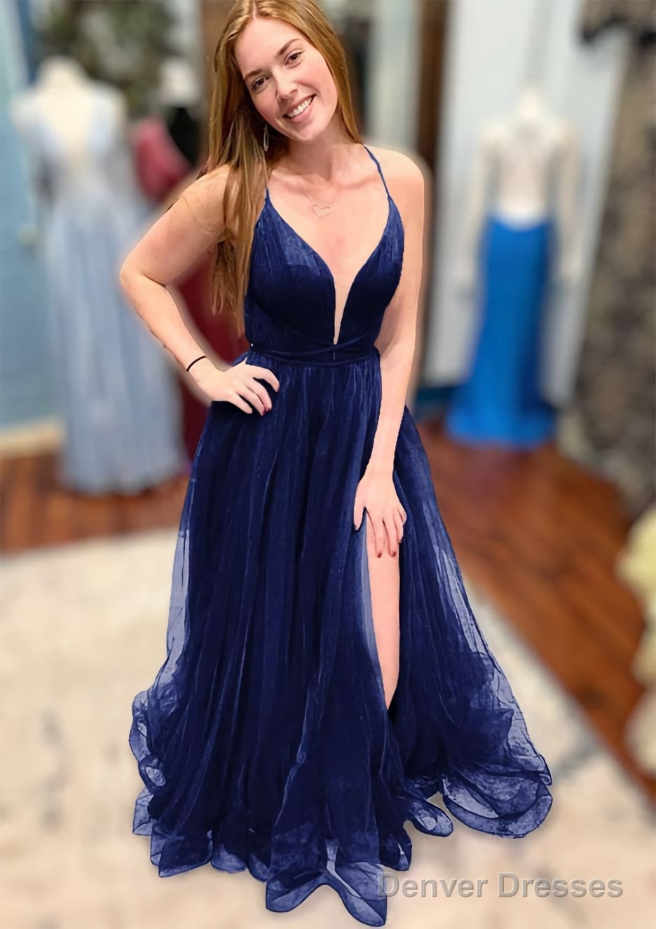A-line V Neck Spaghetti Straps Court Train Tulle Prom Dresses With Split