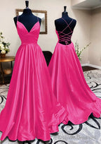 A-line V Neck Spaghetti Straps Long/Floor-Length Charmeuse Prom Dresses With Pleated