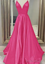 A-line V Neck Spaghetti Straps Long/Floor-Length Charmeuse Prom Dresses With Pockets
