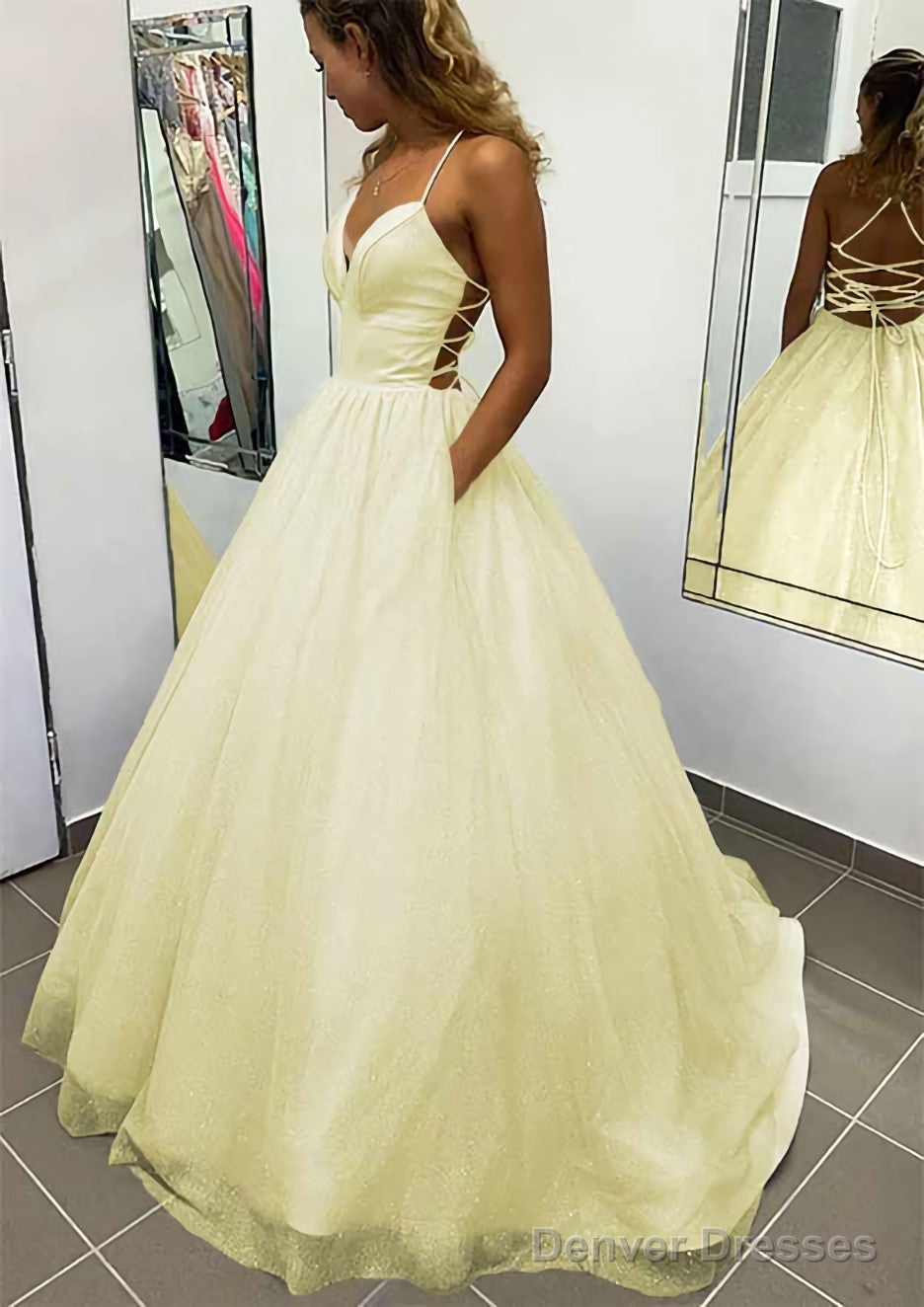 A-line V Neck Spaghetti Straps Long/Floor-Length Glitter Prom Dresses With Pockets