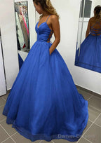 A-line V Neck Spaghetti Straps Long/Floor-Length Glitter Prom Dresses With Pockets