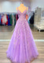 A-line V Neck Spaghetti Straps Long/Floor-Length Lace Prom Dresses With Beading