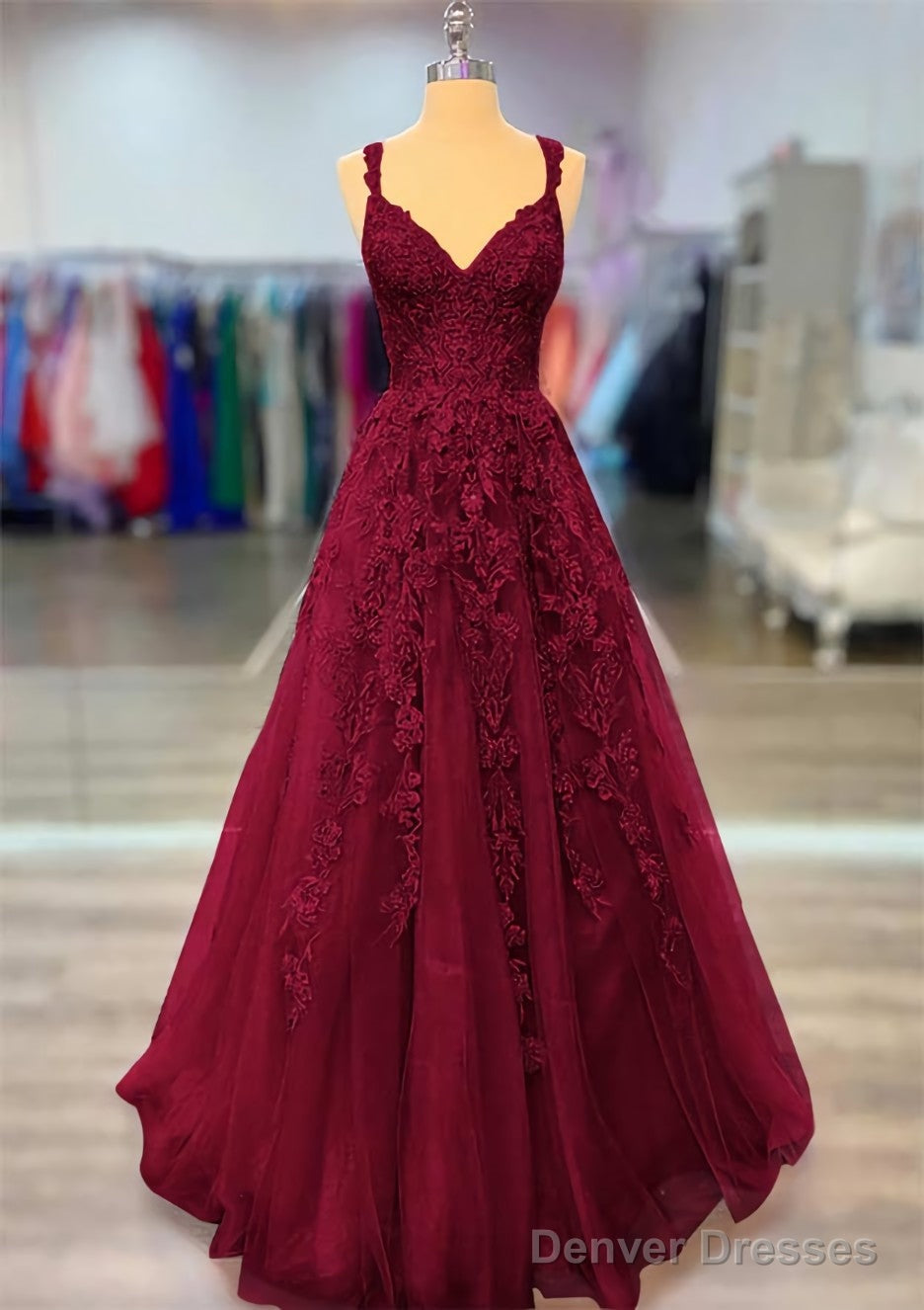 A-line V Neck Spaghetti Straps Long/Floor-Length Lace Prom Dresses With Beading