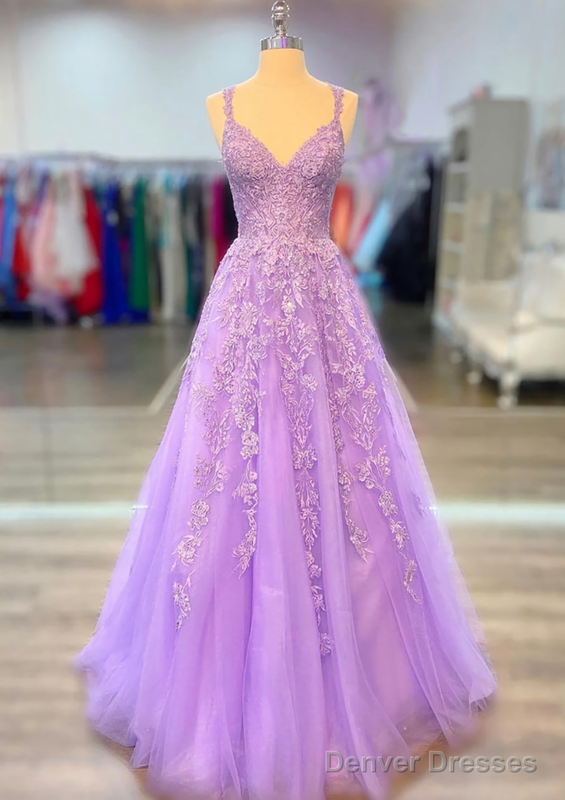 A-line V Neck Spaghetti Straps Long/Floor-Length Lace Prom Dresses With Beading