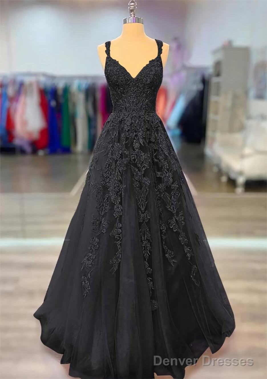 A-line V Neck Spaghetti Straps Long/Floor-Length Lace Prom Dresses With Beading