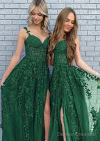 A-line V Neck Spaghetti Straps Long/Floor-Length Lace Prom Dresses With Split