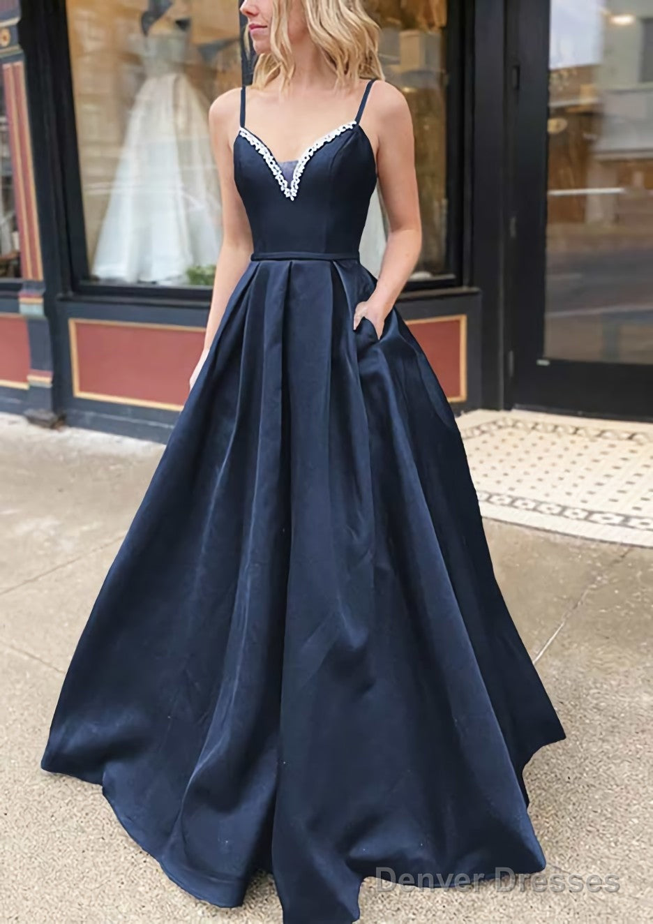 A-line V Neck Spaghetti Straps Long/Floor-Length Satin Prom Dresses With Beading Pockets Secondary image