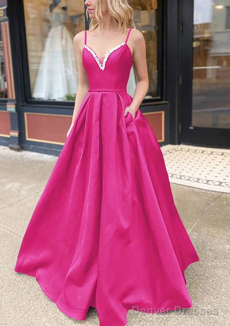 A-line V Neck Spaghetti Straps Long/Floor-Length Satin Prom Dresses With Beading Pockets