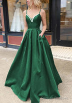 A-line V Neck Spaghetti Straps Long/Floor-Length Satin Prom Dresses With Beading Pockets