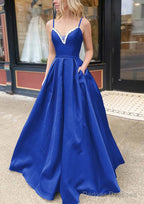 A-line V Neck Spaghetti Straps Long/Floor-Length Satin Prom Dresses With Beading Pockets