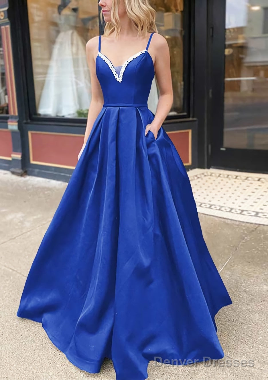 A-line V Neck Spaghetti Straps Long/Floor-Length Satin Prom Dresses With Beading Pockets