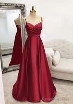 A-line V Neck Spaghetti Straps Long/Floor-Length Satin Prom Dresses With Pleated