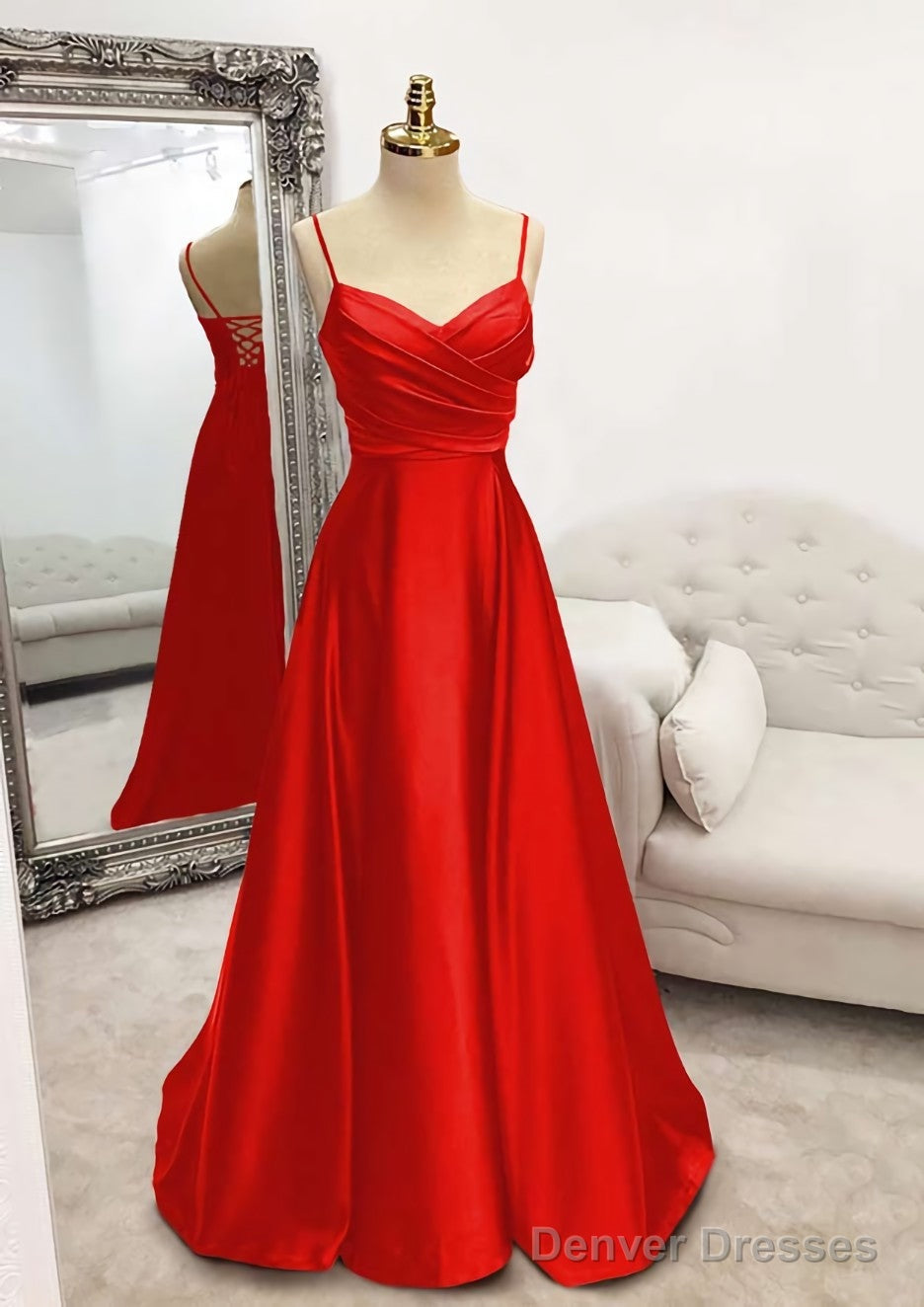 A-line V Neck Spaghetti Straps Long/Floor-Length Satin Prom Dresses With Pleated