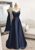 A-line V Neck Spaghetti Straps Long/Floor-Length Satin Prom Dresses With Pleated