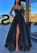 A-line V Neck Spaghetti Straps Long/Floor-Length Satin Prom Dresses With Split Pockets Beading