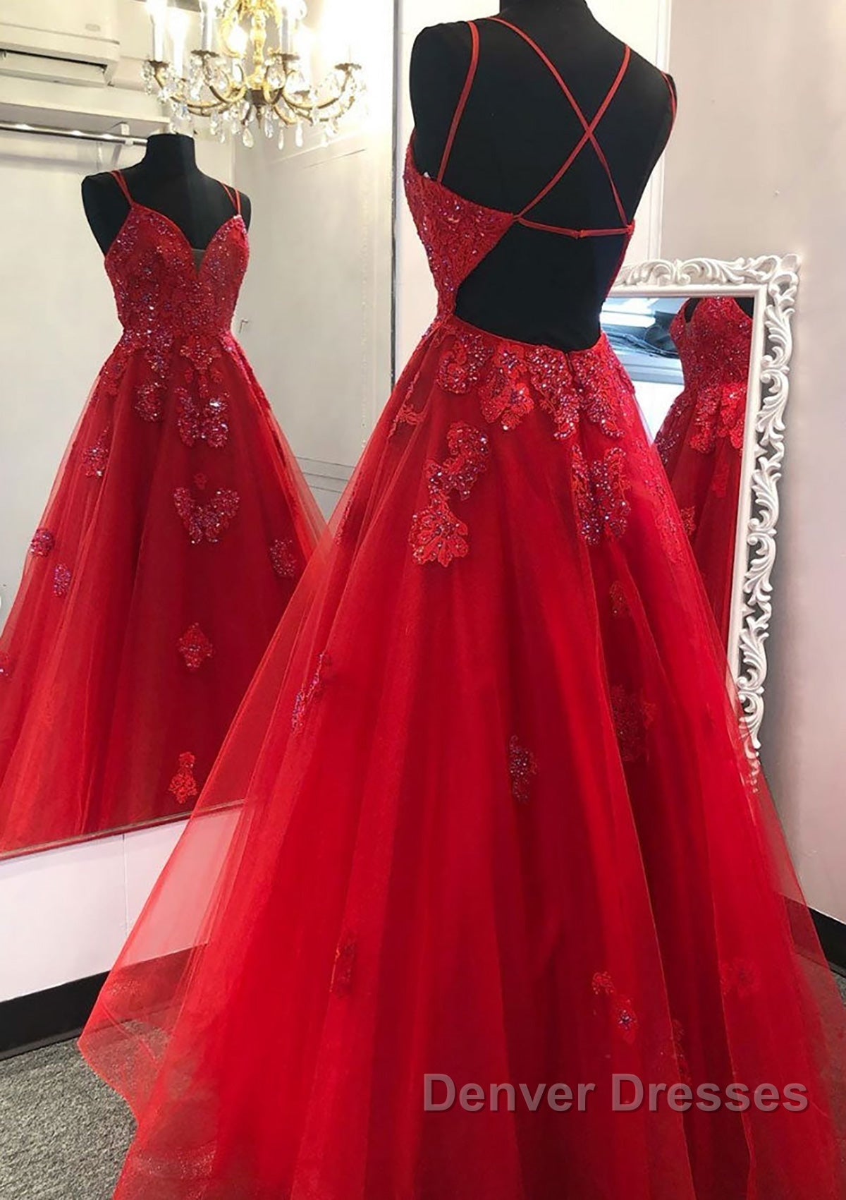 A-line V Neck Spaghetti Straps Long/Floor-Length Tulle Prom Dress With Appliqued Beading Secondary image