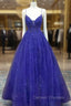 A-line V Neck Spaghetti Straps Long/Floor-Length Tulle Prom Dress With Appliqued Beading Glitter