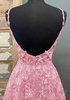 A-line V Neck Spaghetti Straps Long/Floor-Length Tulle Prom Dress With Beading Lace Pockets Sequins