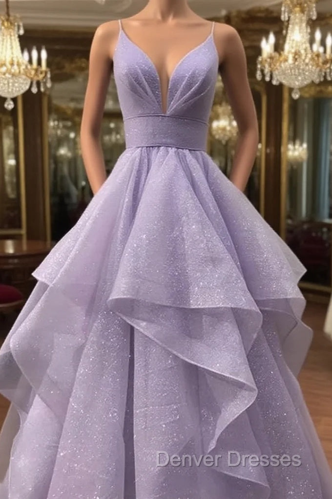A-line V Neck Spaghetti Straps Long/Floor-Length Tulle Prom Dress With Pleated Glitter Main image