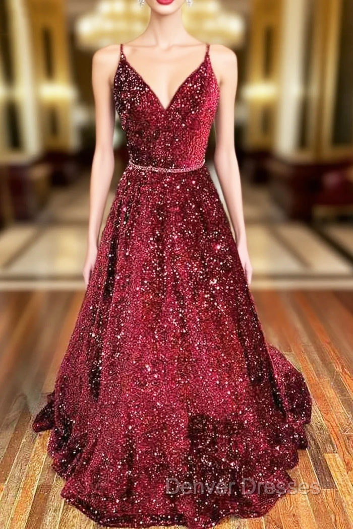 A-line V Neck Spaghetti Straps Long/Floor-Length Velvet Sequins Prom Dress With Beading