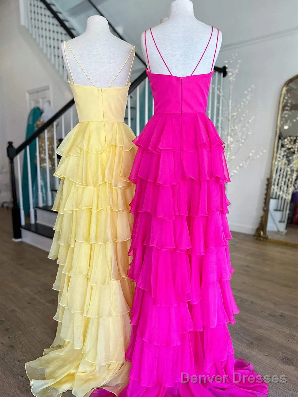 A Line V Neck Spaghetti Straps Pink Yellow Blue Layered Prom Dresses, Layered Long Formal Evening Dresses
