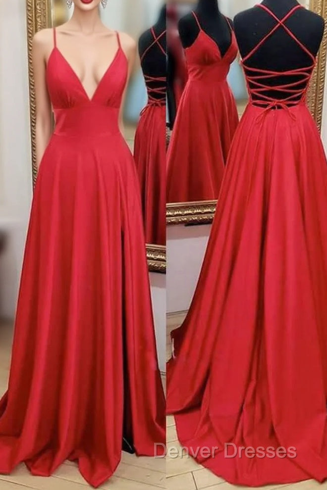 A-line V Neck Spaghetti Straps Sweep Train Charmeuse Prom Dress With Pleated Split