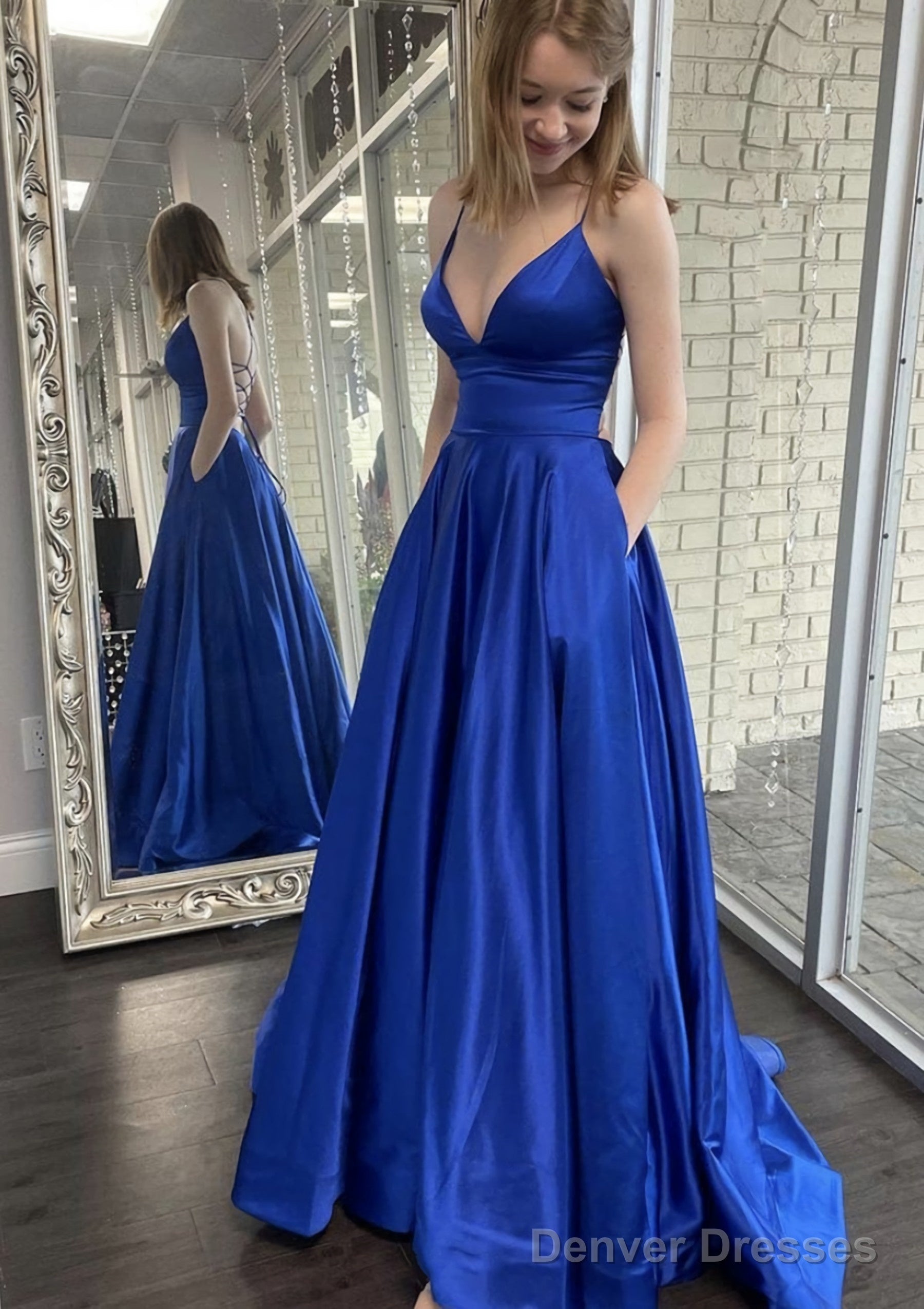 A-line V Neck Spaghetti Straps Sweep Train Charmeuse Prom Dresses With Pockets